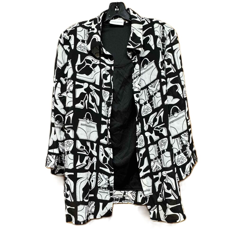 Alfred Dunner Black White Geometric Pattern Button Up Shirt Womens Size 12